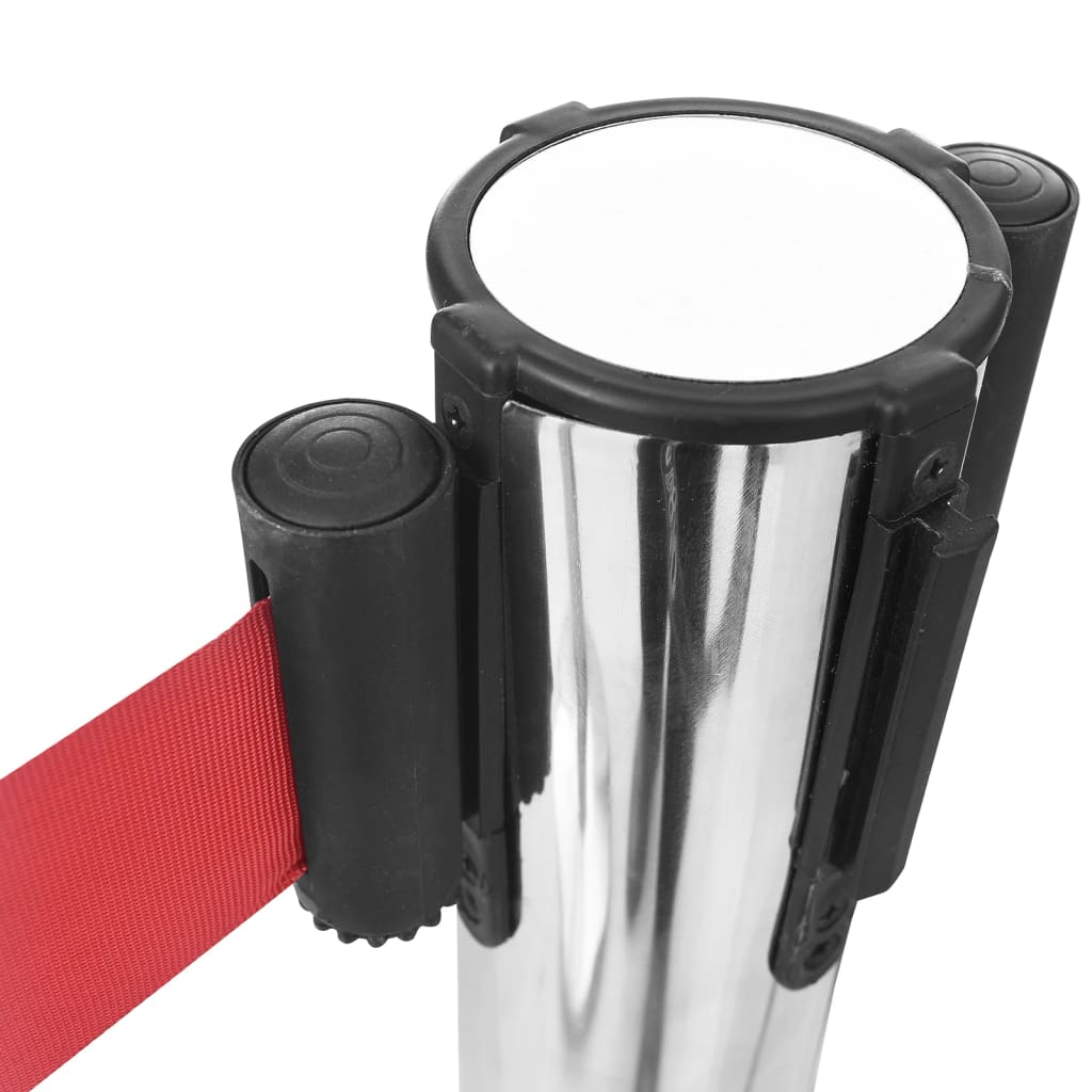 Stanchions with retractable belts, 4 pcs., silver, stainless steel