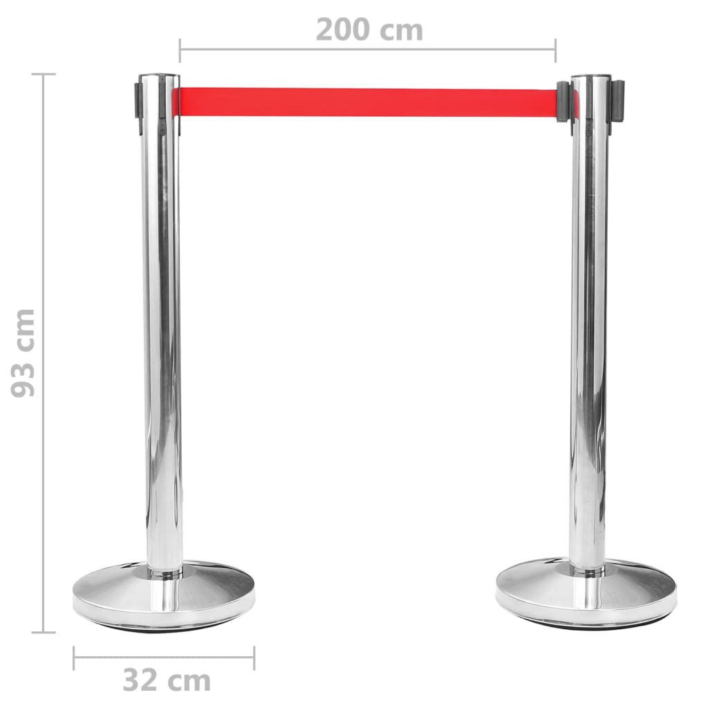 Stanchions with retractable belts, 4 pcs., silver, stainless steel