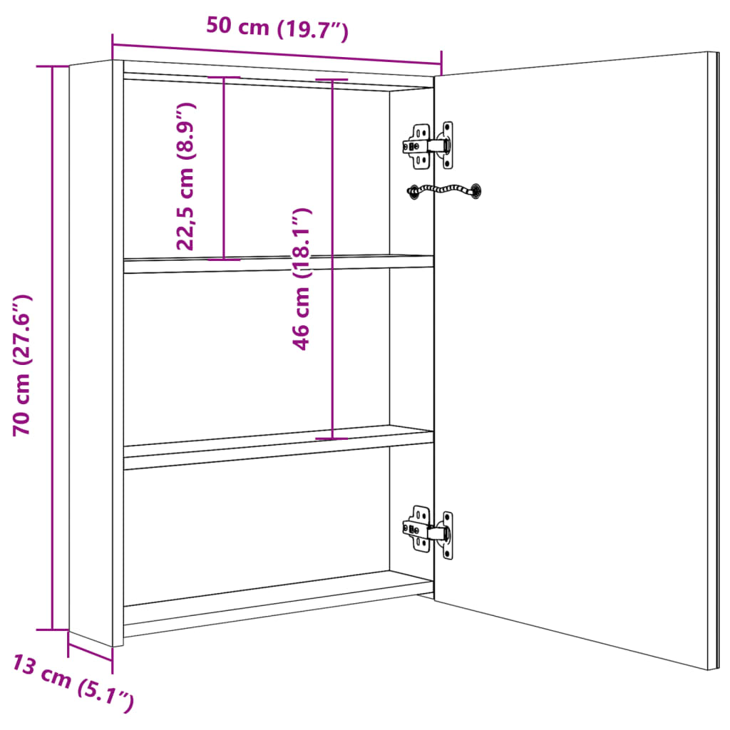 LED mirror bathroom cabinet, oak, 50x13x70cm