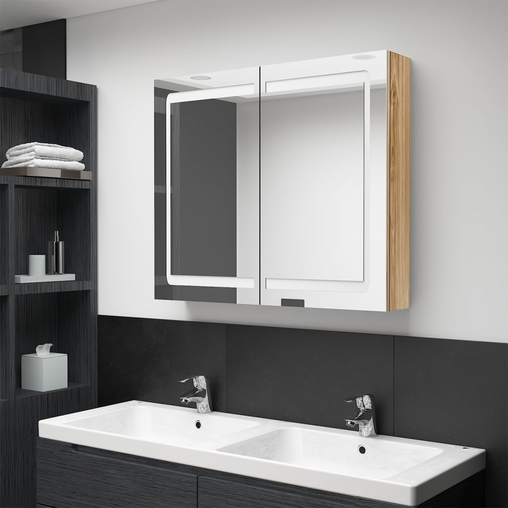 Spoguļskapītis vannasistabai ar LED, ozolkoks, 80x12x68cm