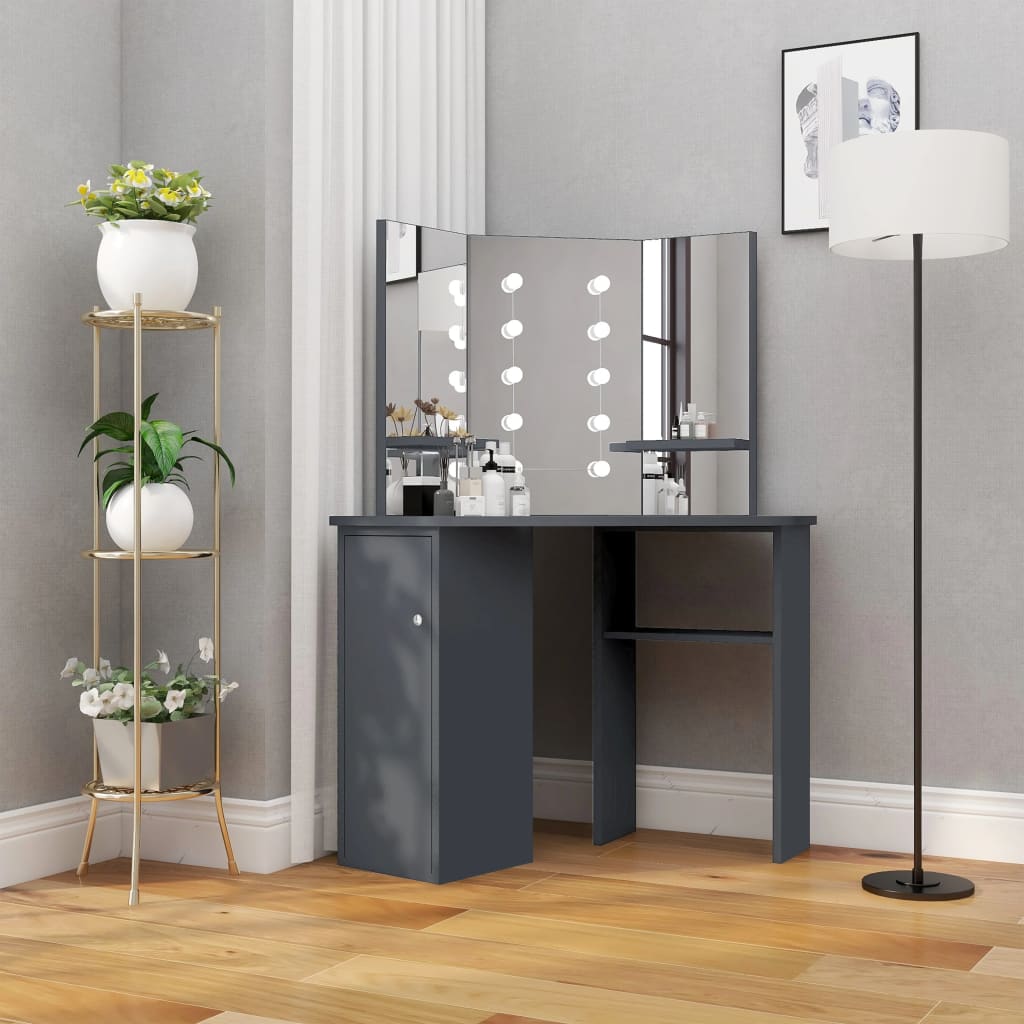 Kampinis kosmetinis staliukas su LED, pilkas, 111x54x141,5cm