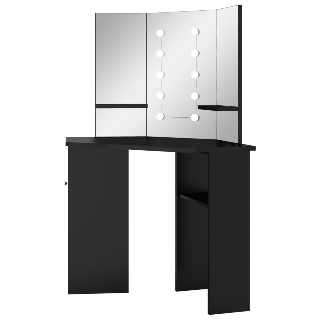 Corner Vanity Table with LED, Black, 111x54x141.5cm