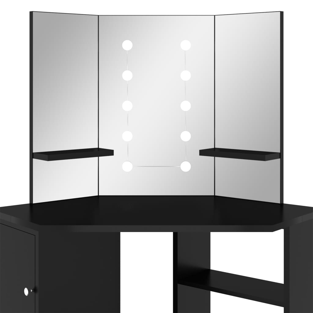 Corner Vanity Table with LED, Black, 111x54x141.5cm
