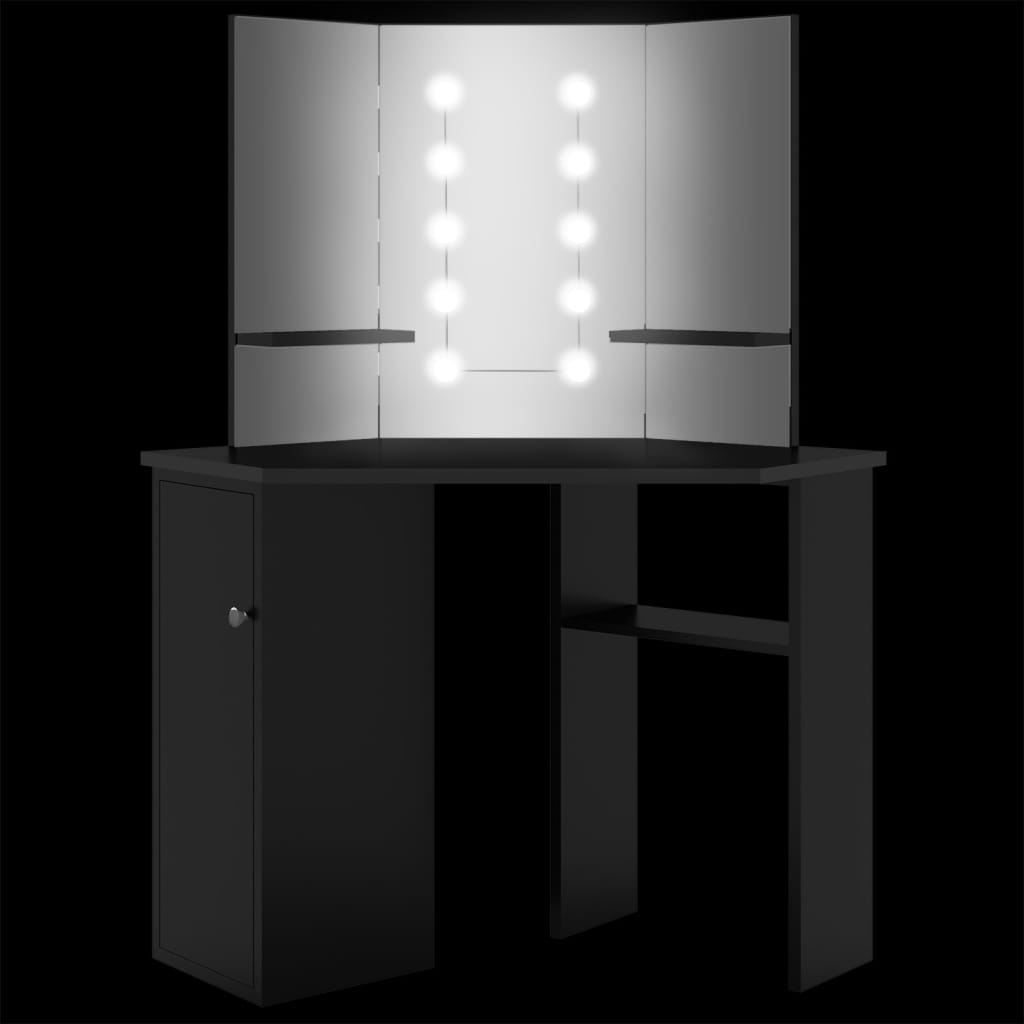 Corner Vanity Table with LED, Black, 111x54x141.5cm