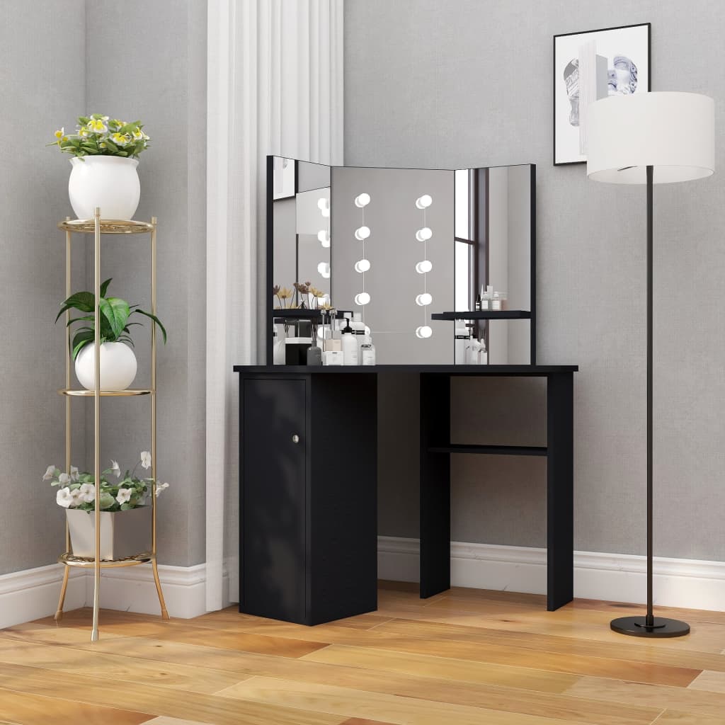Corner Vanity Table with LED, Black, 111x54x141.5cm
