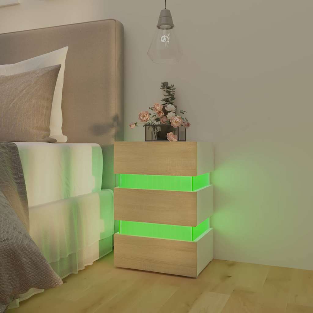 Naktinė spintelė su LED, balta ir ąžuolo, 45x35x67cm, mediena