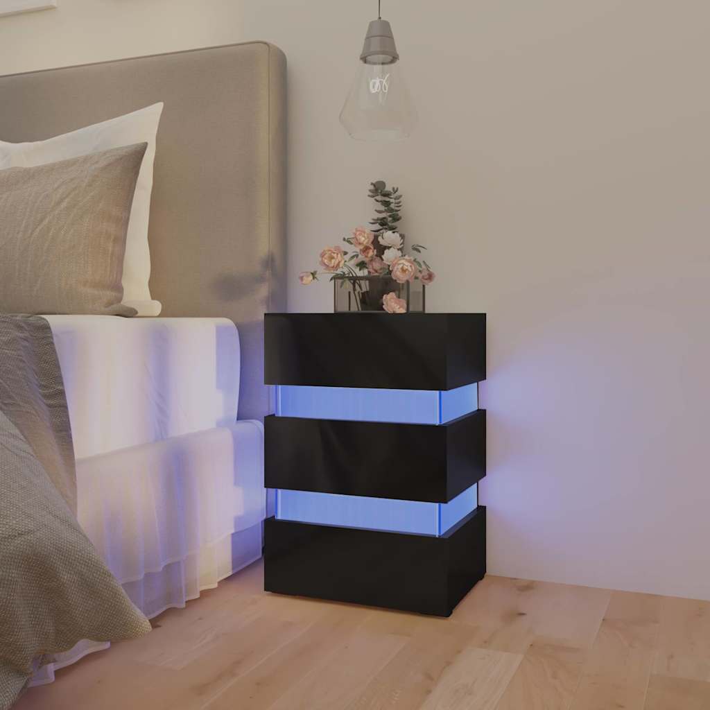 Naktsskapītis ar LED, melns, 45x35x67cm, koks, spīdīgs