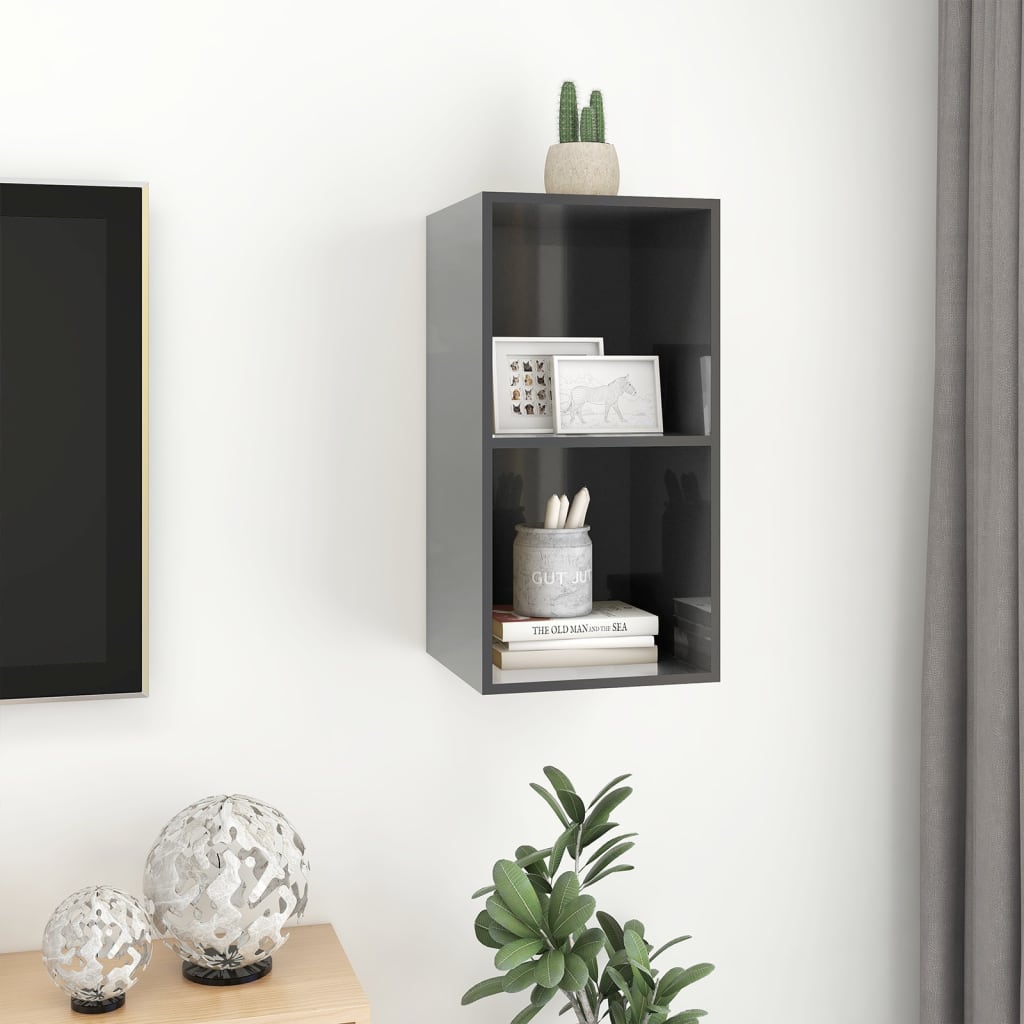 Wall TV cabinet, high gloss grey, 37x37x72 cm, chipboard