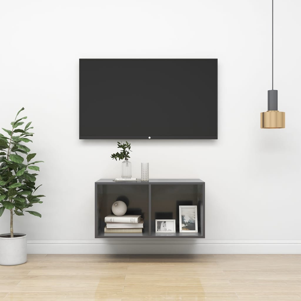 Wall TV cabinet, high gloss grey, 37x37x72 cm, chipboard