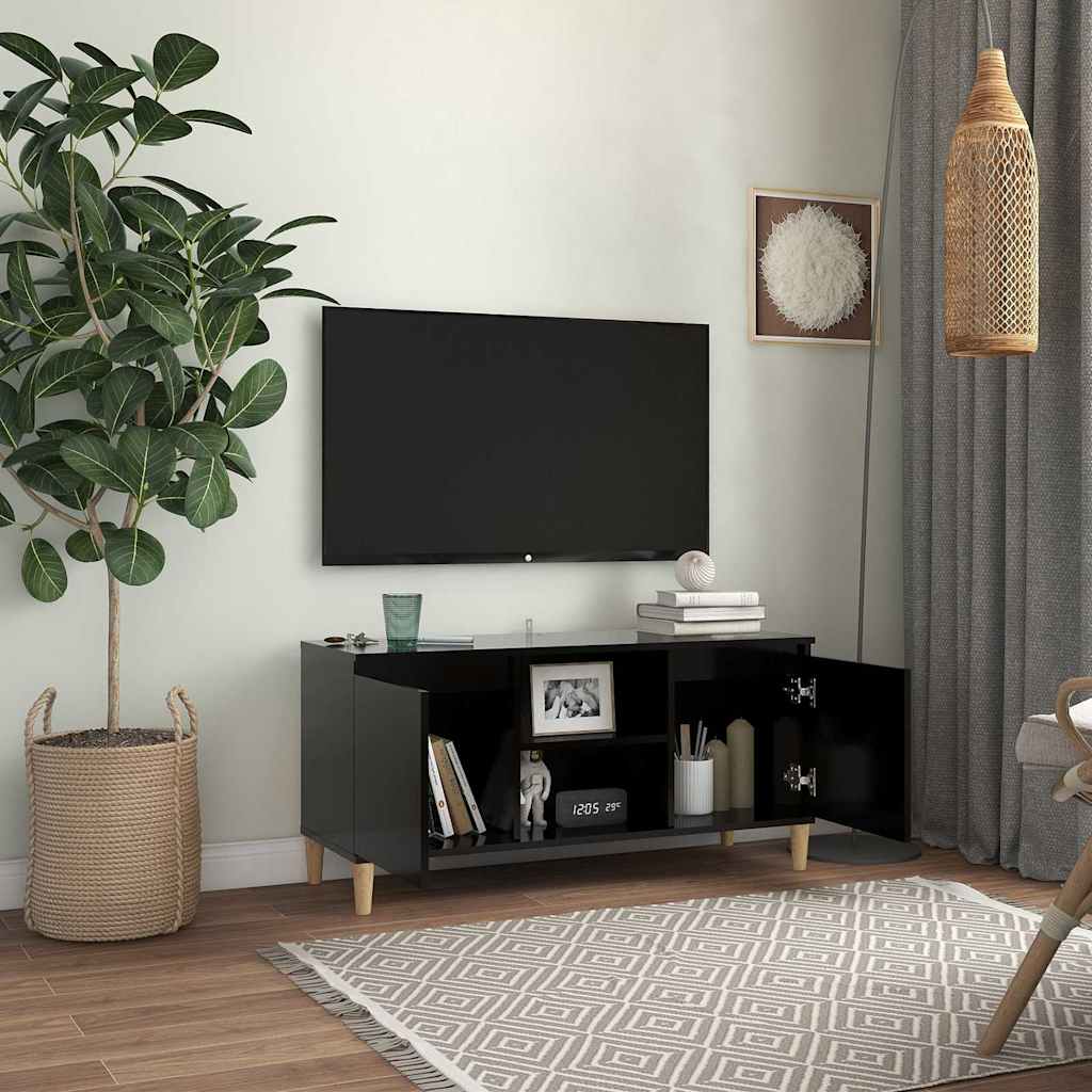TV skapītis ar koka kājām, melns, 103,5x35x50cm