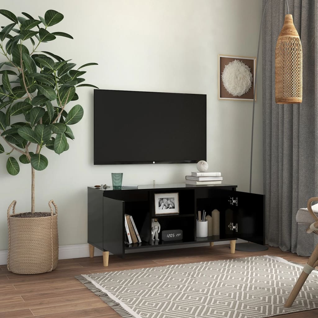 TV stand with wooden legs, black, 103.5x35x50cm