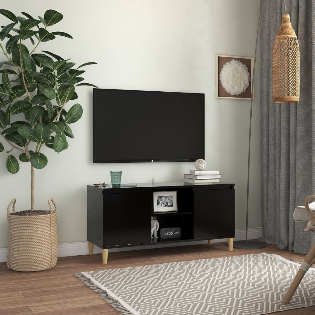 TV stand with wooden legs, black, 103.5x35x50cm