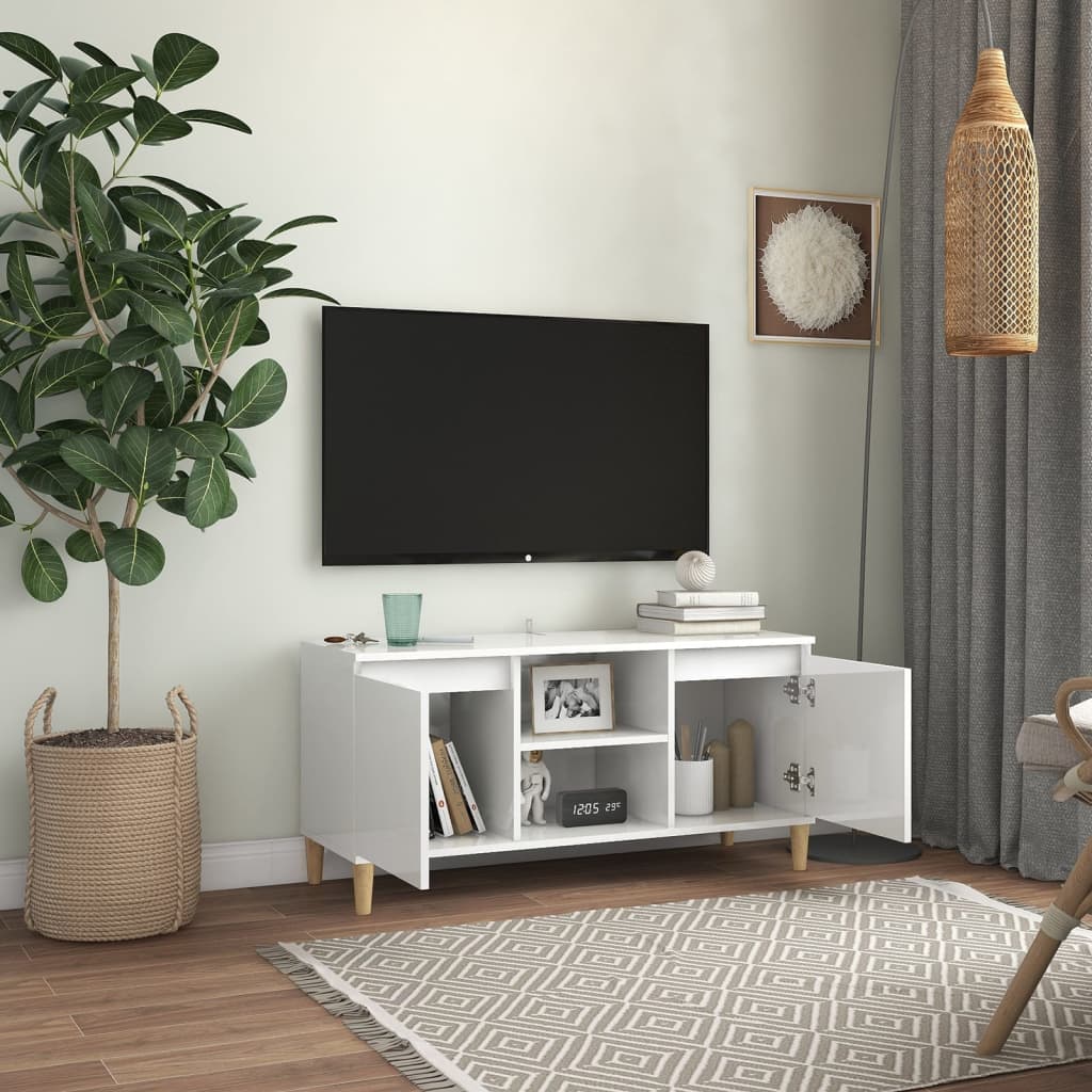 TV skapītis ar koka kājām, balts, 103,5x35x50cm