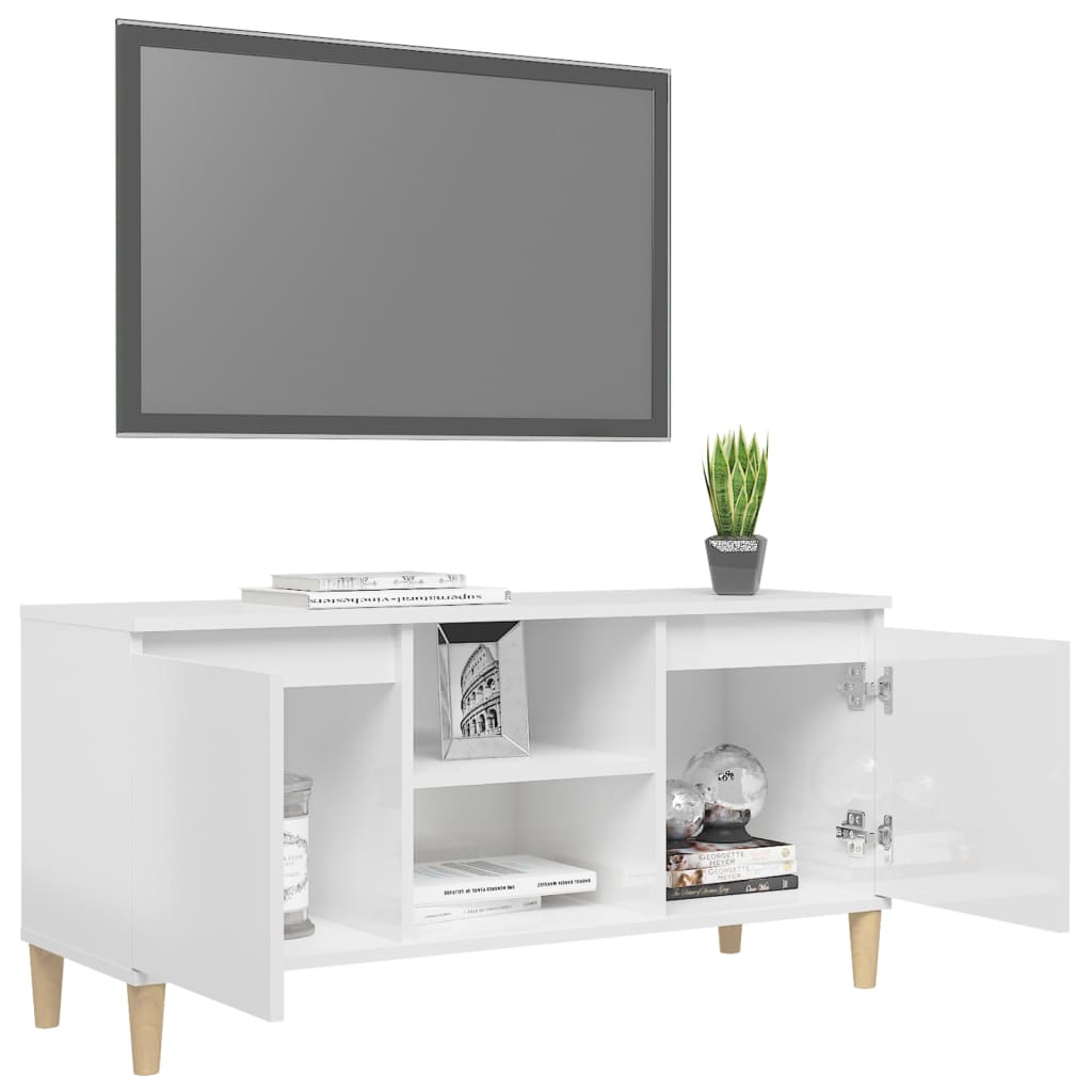 TV skapītis ar koka kājām, balts, 103,5x35x50cm