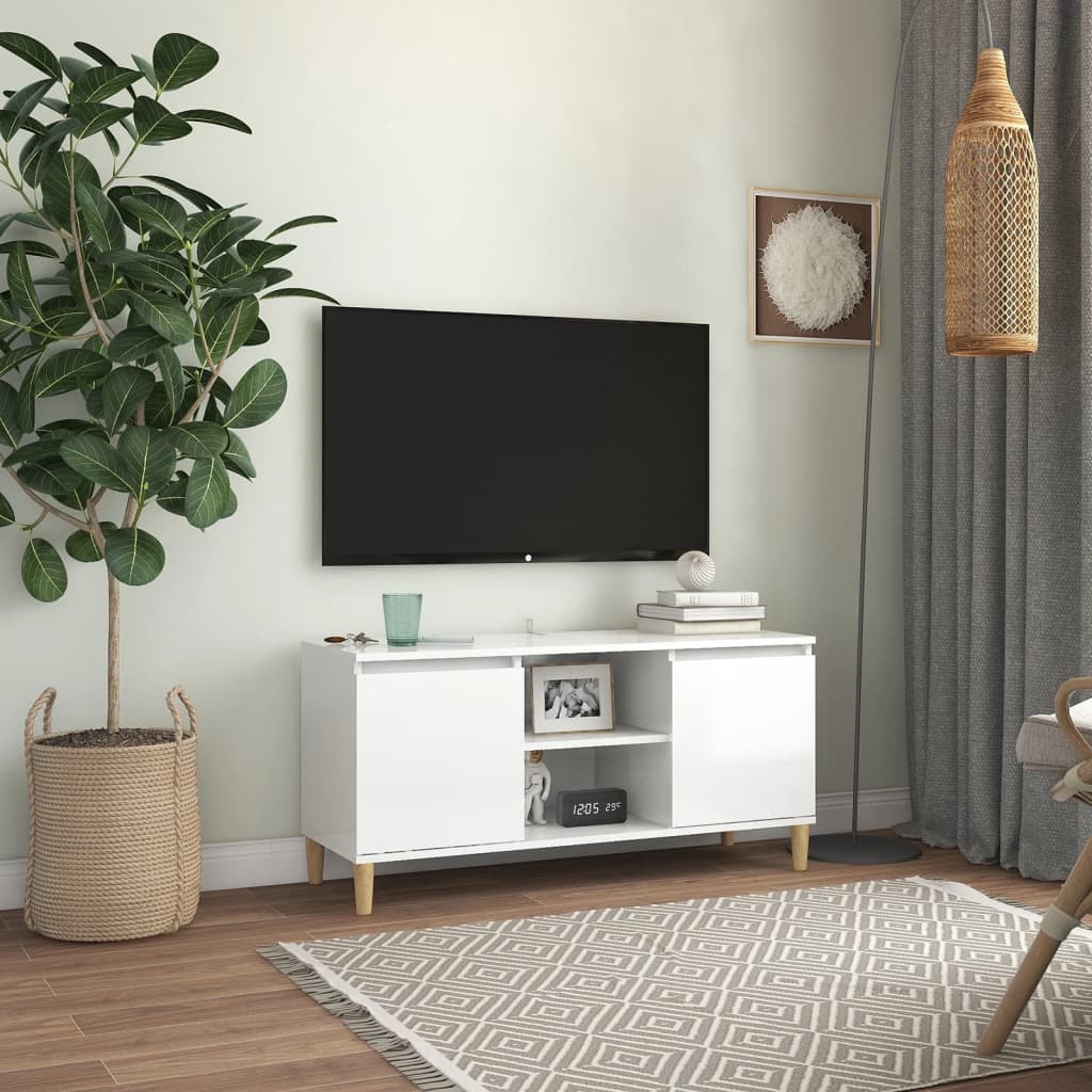 TV skapītis ar koka kājām, balts, 103,5x35x50cm
