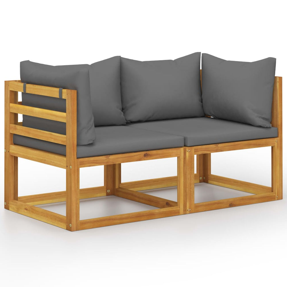Two-seater garden bench with dark grey cushions