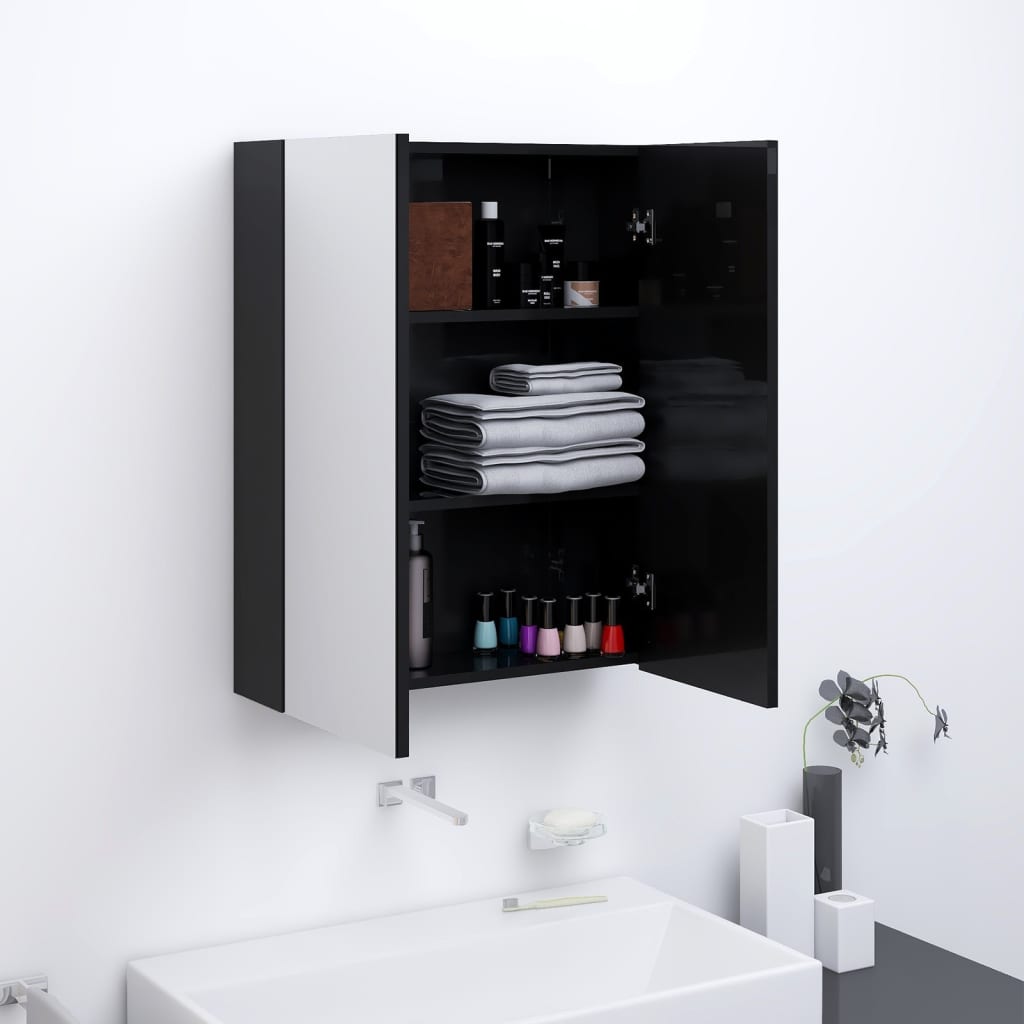 Mirror bathroom cabinet, black, 60x15x75cm, MDF, glossy