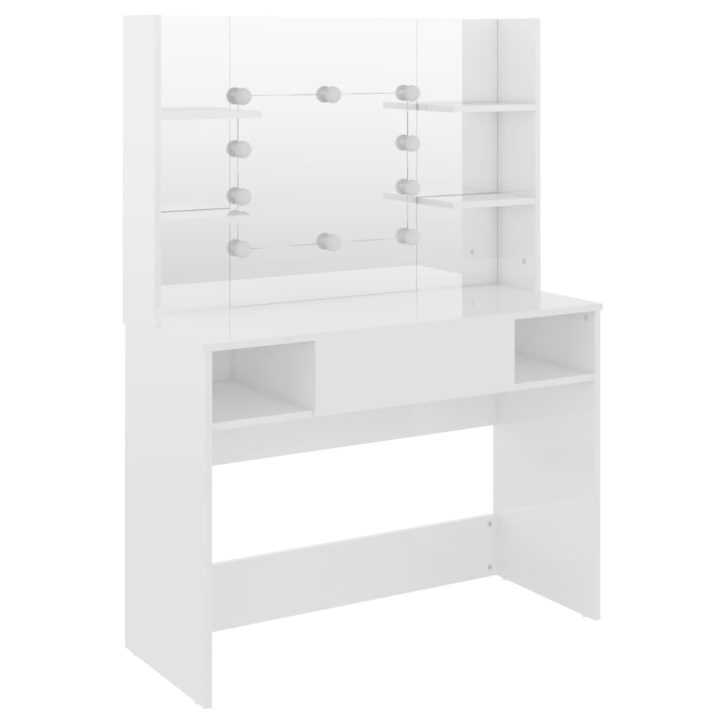 Kosmētikas galdiņš ar LED, spīdīgi balts, 100x40x135cm, MDF