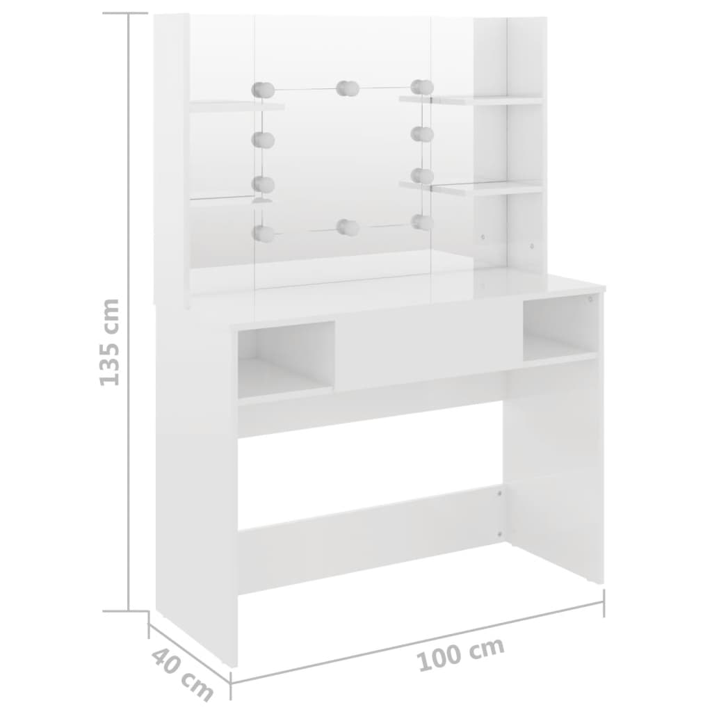 Kosmētikas galdiņš ar LED, spīdīgi balts, 100x40x135cm, MDF