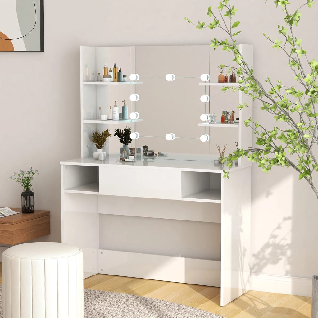 Kosmētikas galdiņš ar LED, spīdīgi balts, 100x40x135cm, MDF