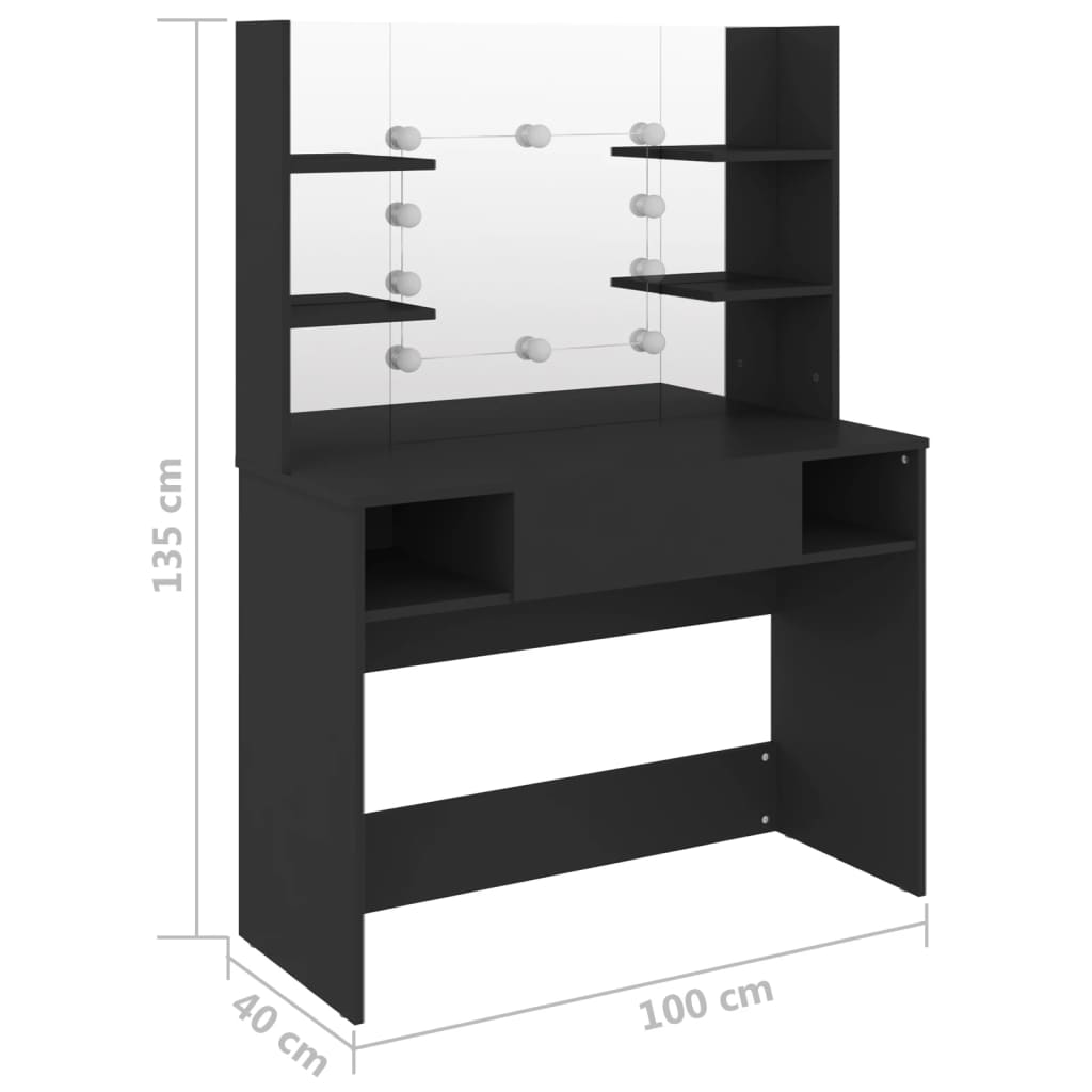 Kosmētikas galds ar LED, melns, 100x40x135cm, MDF
