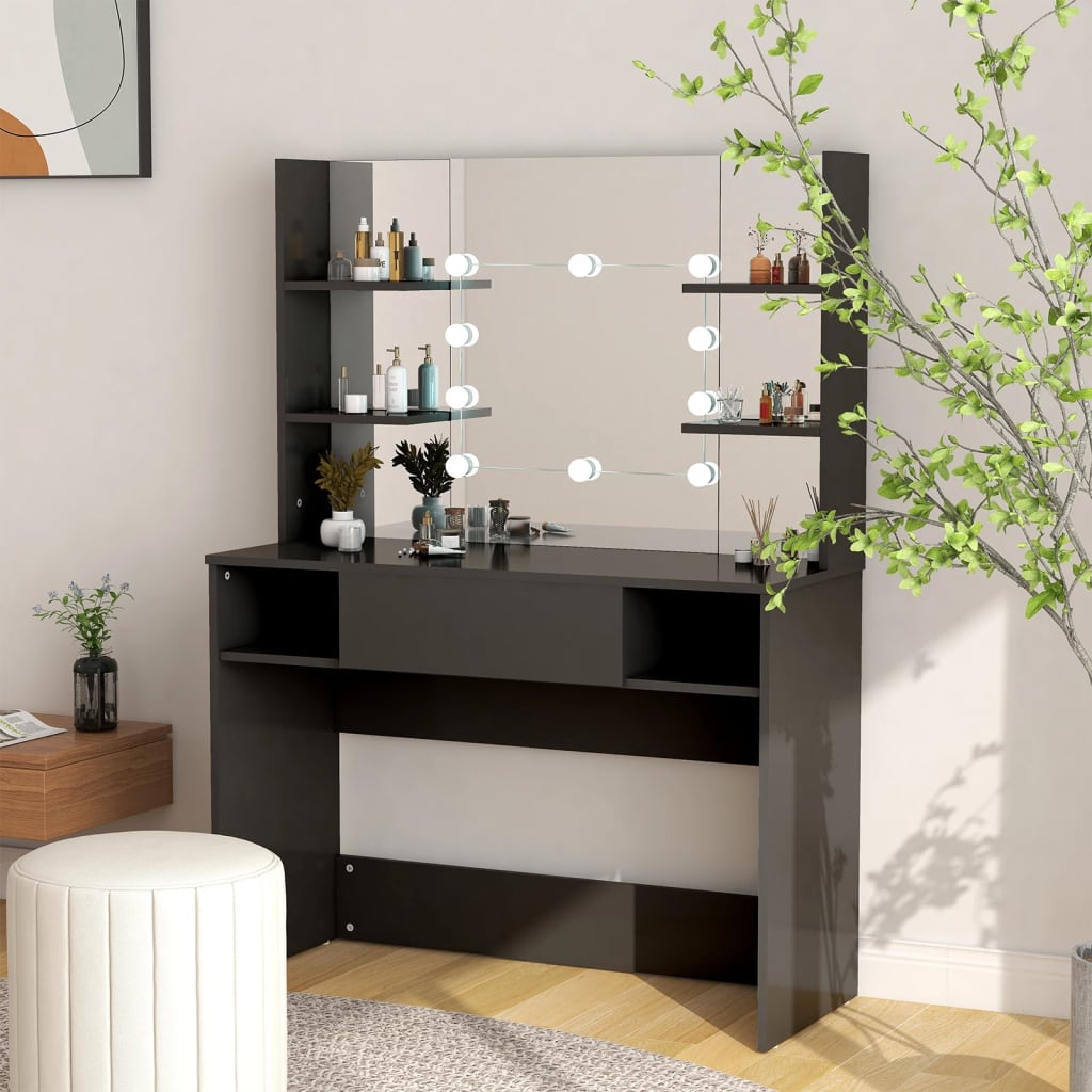Kosmētikas galds ar LED, melns, 100x40x135cm, MDF