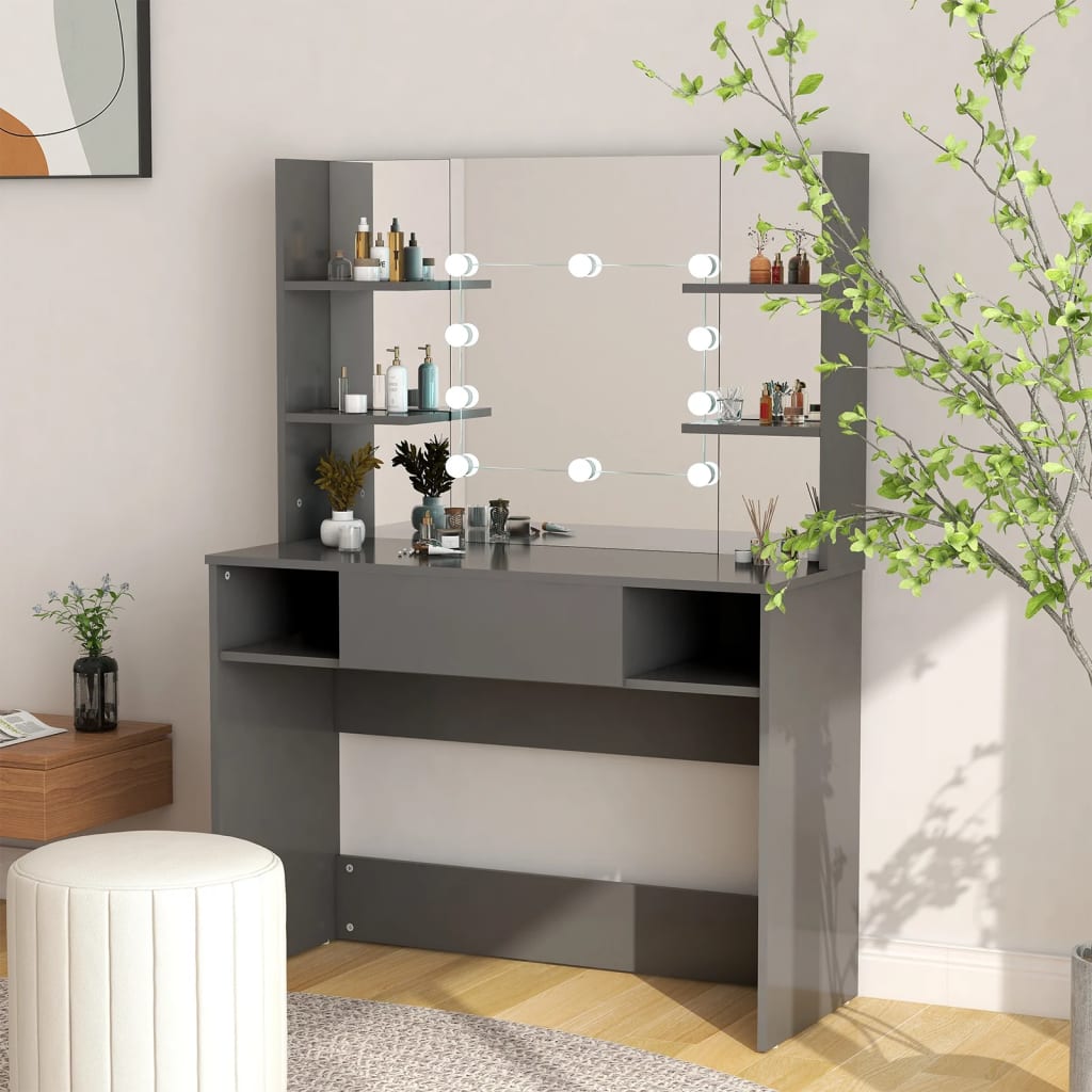 Kosmētikas galds ar LED, pelēks, 100x40x135cm, MDF