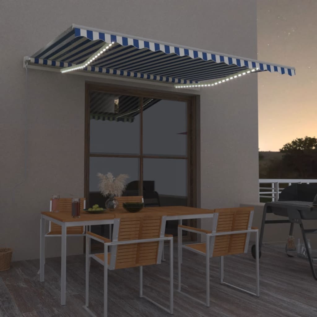 Manually retractable awning, blue and white, 450x350cm