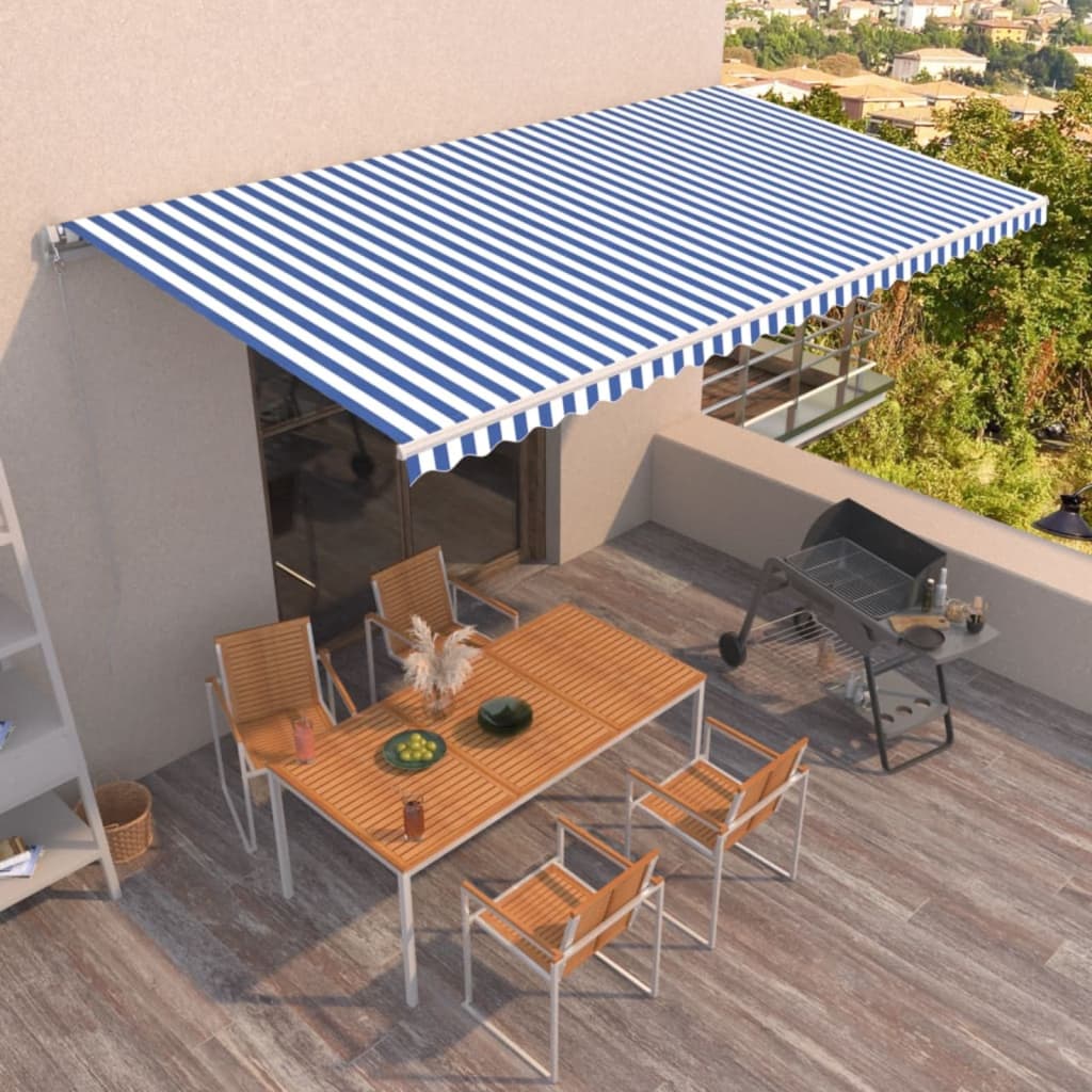 Manually retractable awning, blue/white, 600x350cm