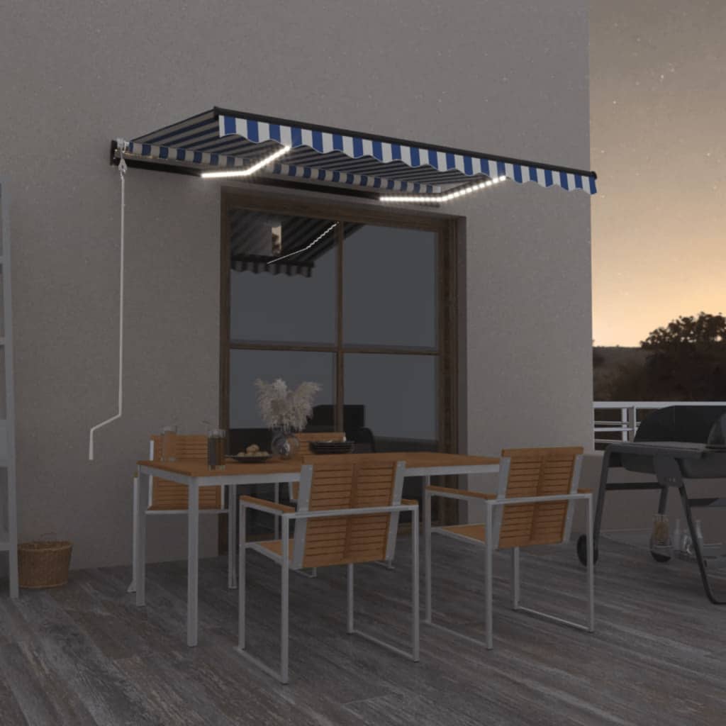 Awning with LED/wind sensor, blue/white, 300x250cm