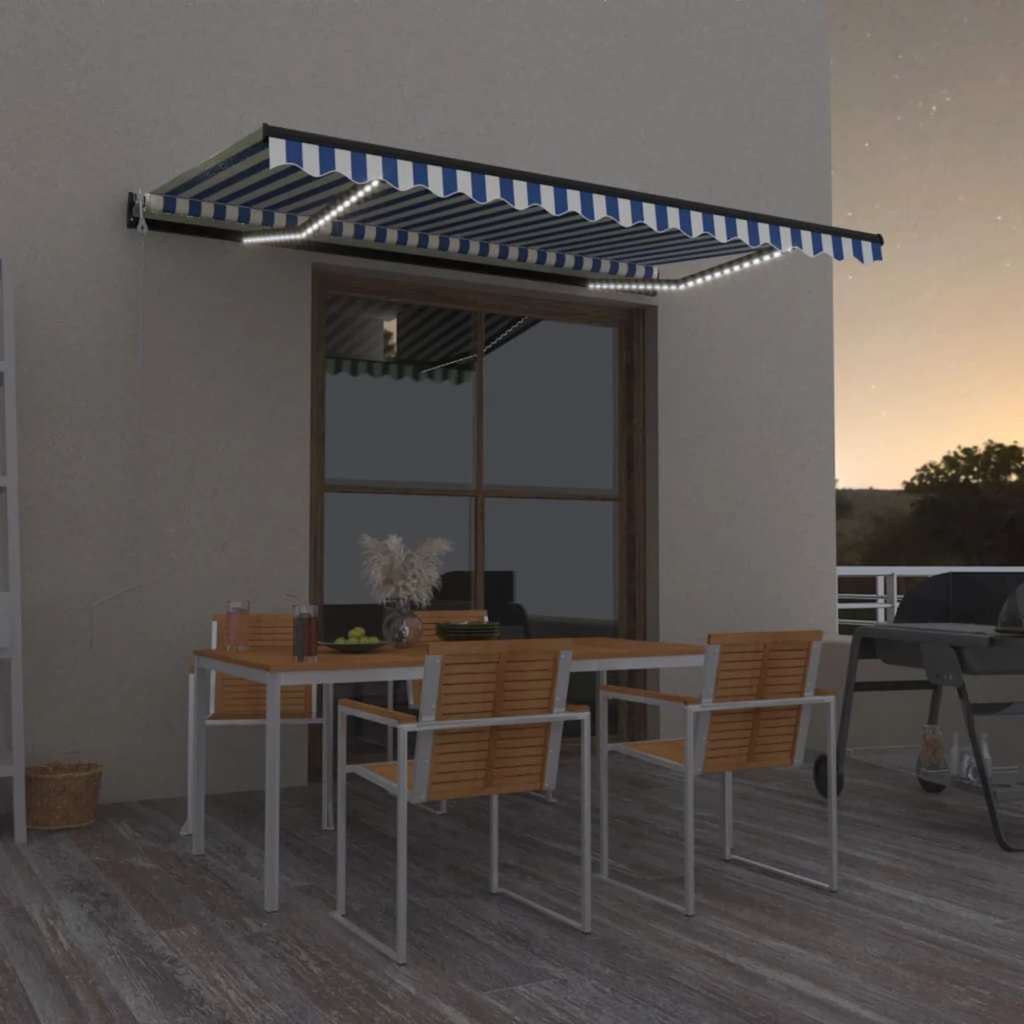 Awning with LED/wind sensor, blue/white, 450x300cm