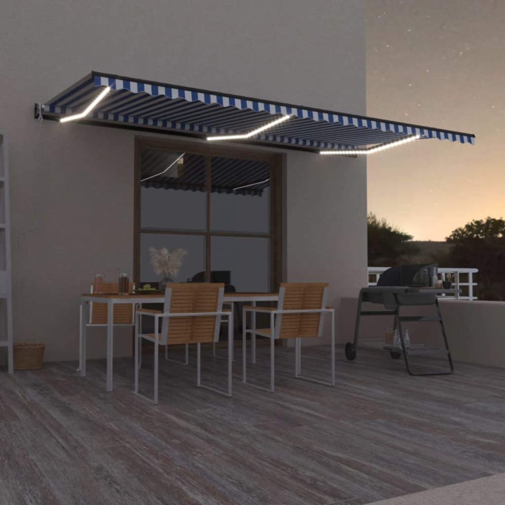 Markīze ar LED/vēja sensoru, zila/balta, 600x350cm
