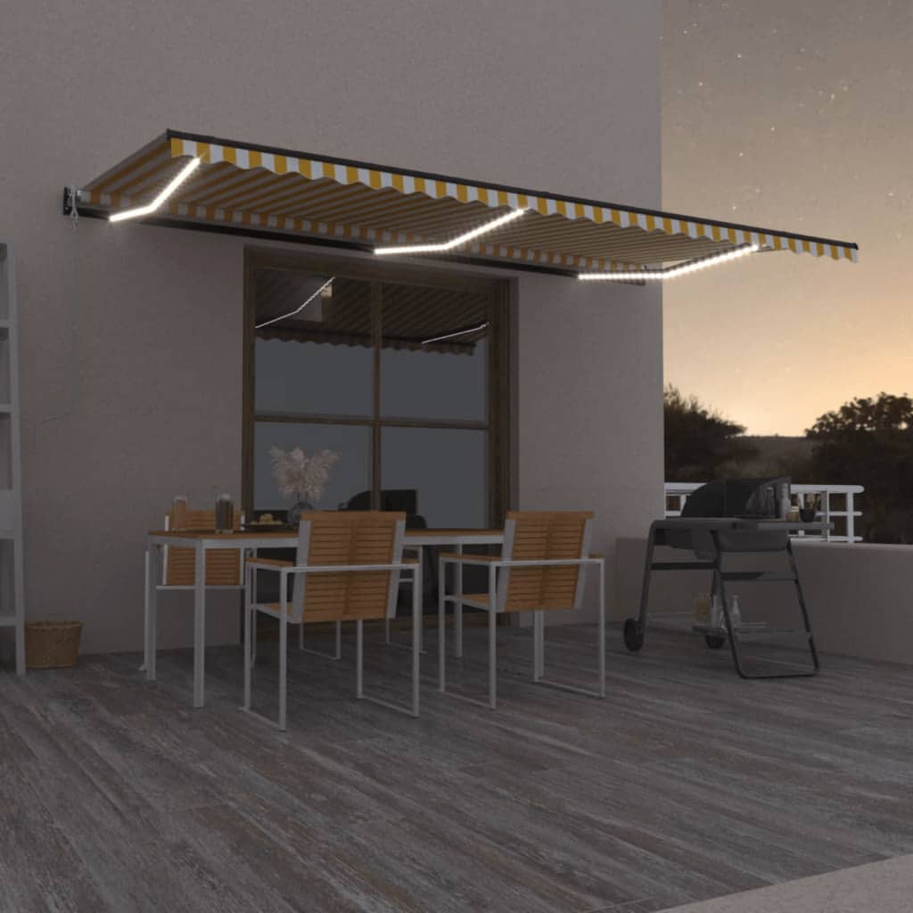 Markīze ar LED/vēja sensoru, dzeltena/balta, 600x350cm