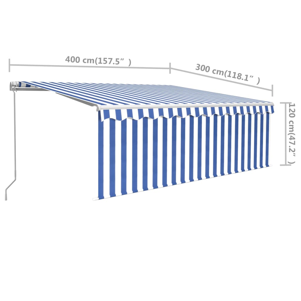 Manual retractable awning, blue and white, 4x3m