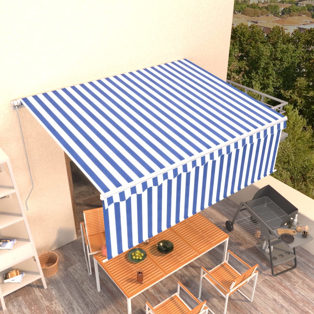 Manual retractable awning, blue and white, 4x3m