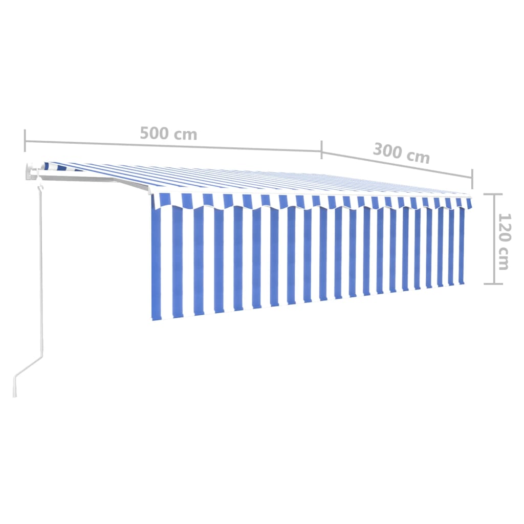Markizė su uždanga/LED/vėjo jutikliu, mėlyna/balta, 5x3m