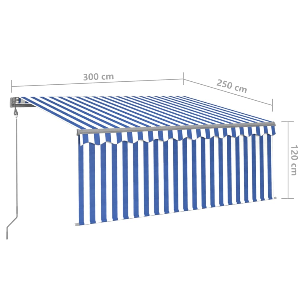 Awning with valance/LED/wind sensor, blue/white, 3x2.5m