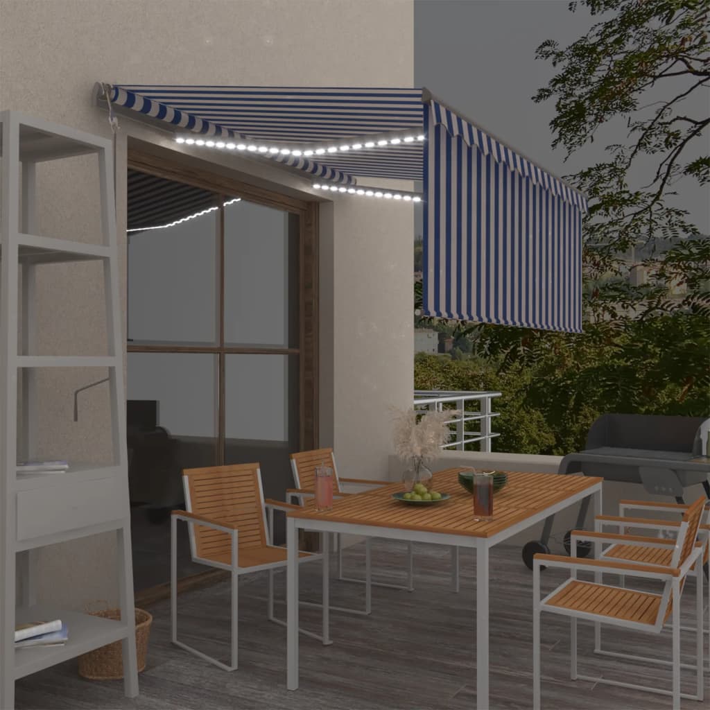 Awning with valance/LED/wind sensor, blue/white, 3x2.5m