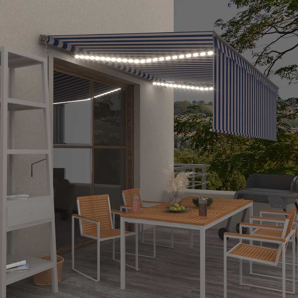 Markīze ar tentu/LED/vēja sensoru, zila/balta, 4x3m