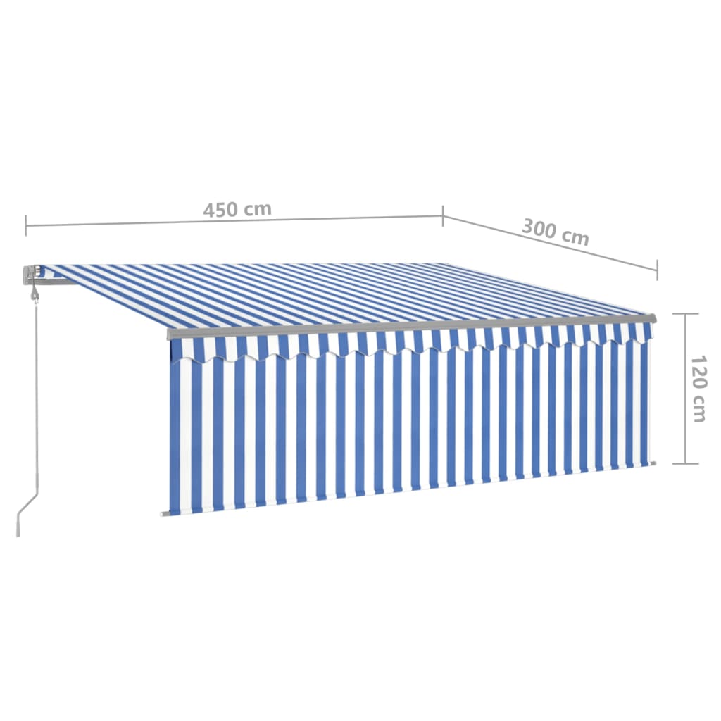 Automatic retractable awning, blue and white, 4.5x3m