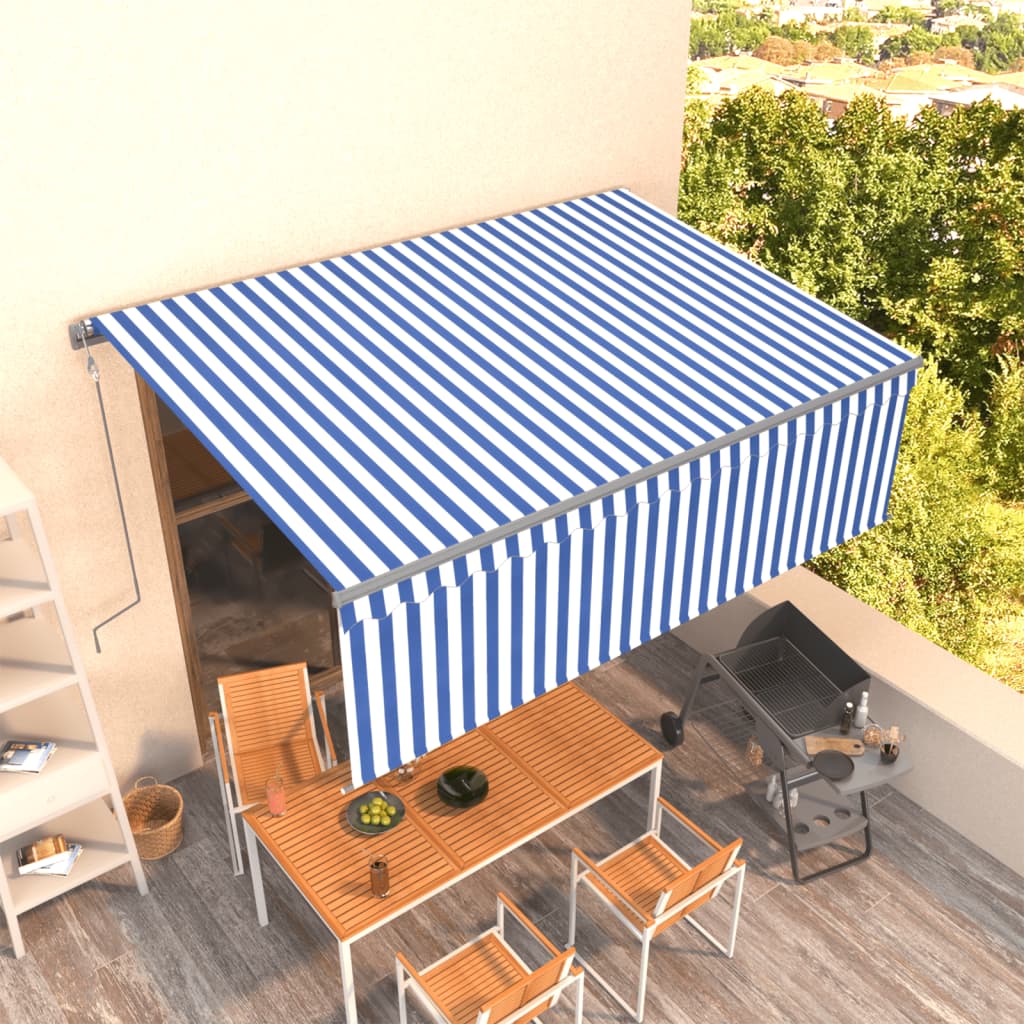 Automatic retractable awning, blue and white, 4.5x3m