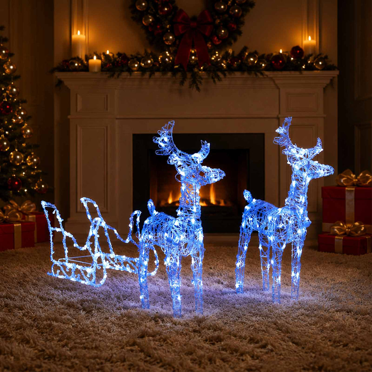 Kalėdų dekoracija elniai ir rogės SILENT, 130cm, akrilas, 160 LED