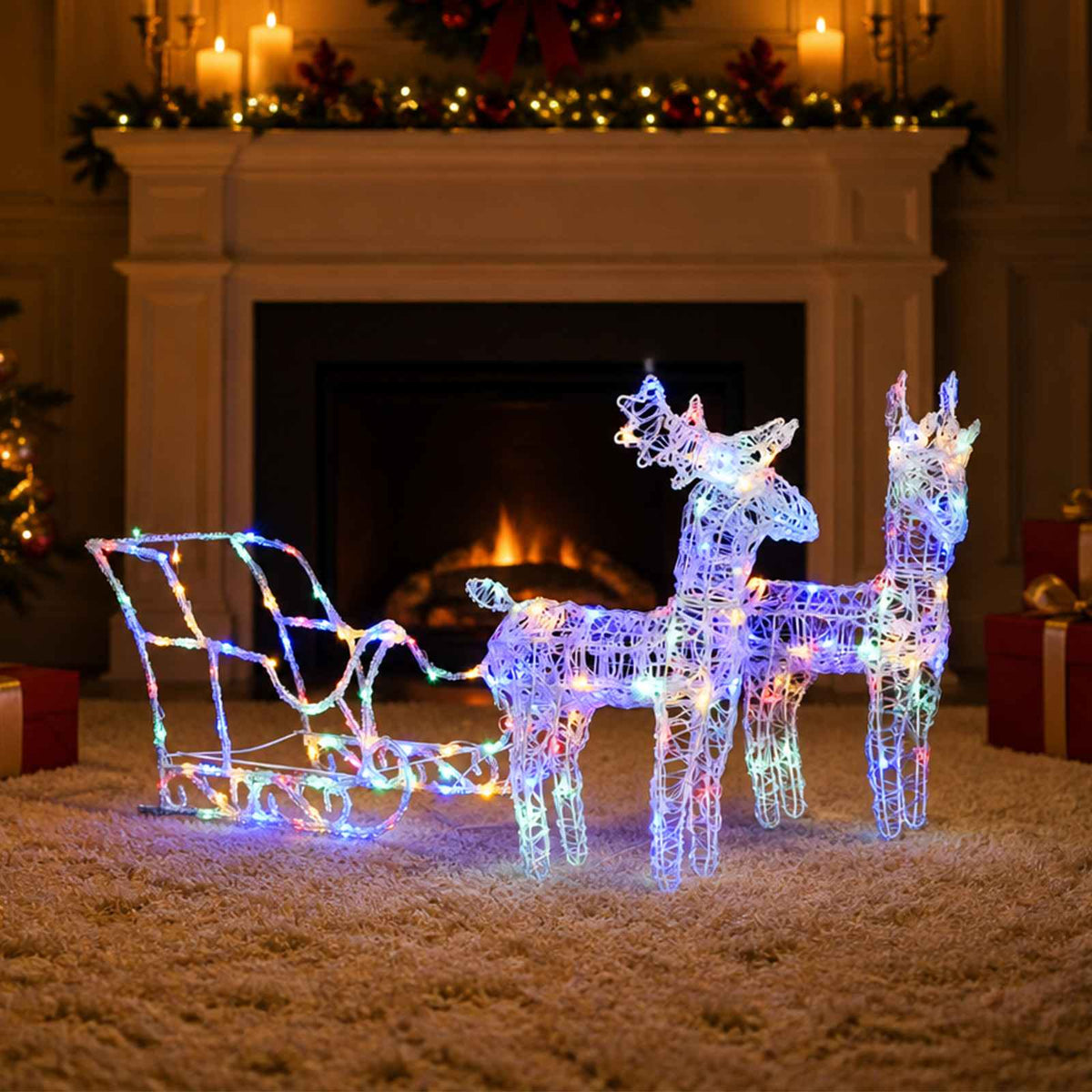 Kalėdų dekoracija elniai ir rogės, 130cm, akrilas, 160 LED