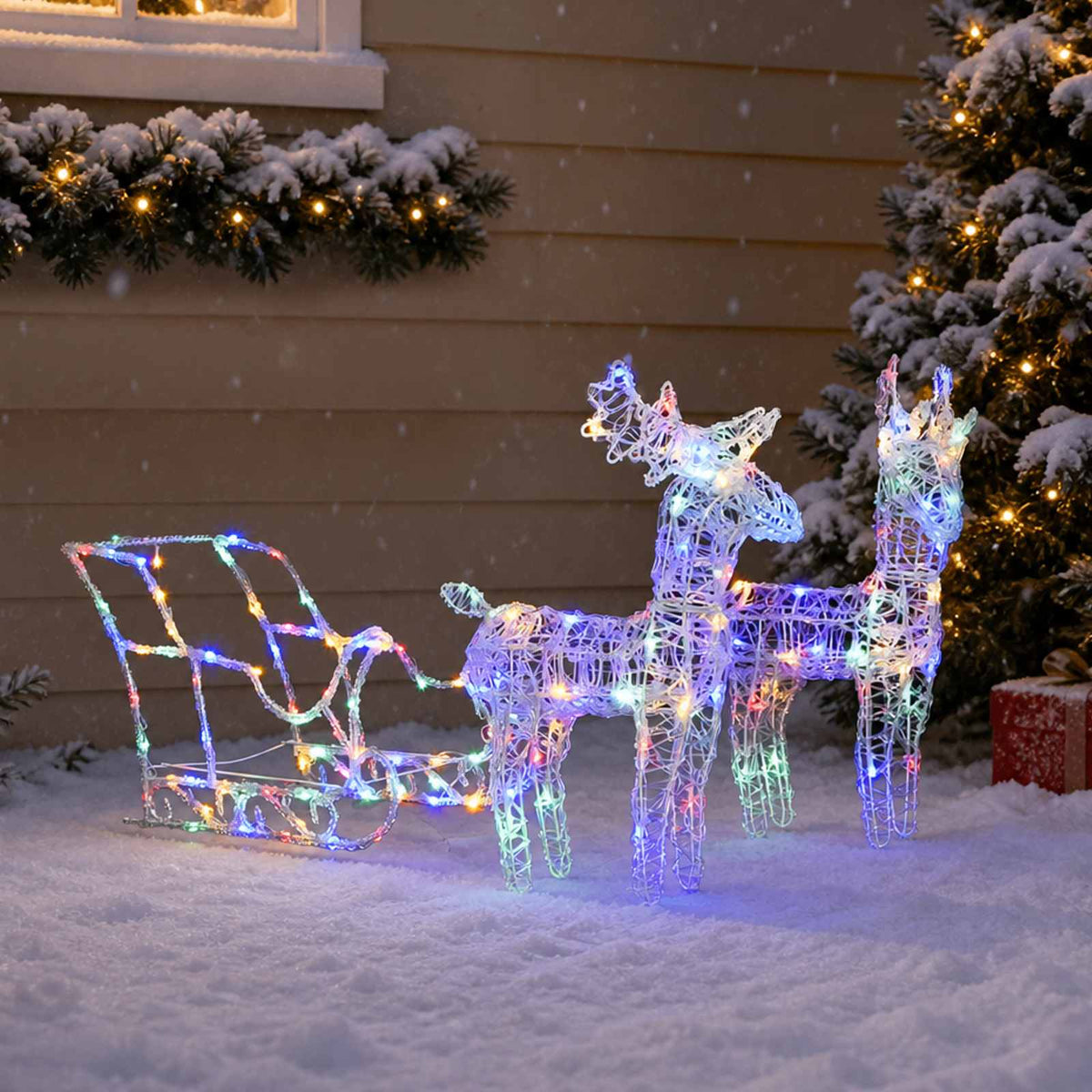 Kalėdų dekoracija elniai ir rogės, 130cm, akrilas, 160 LED