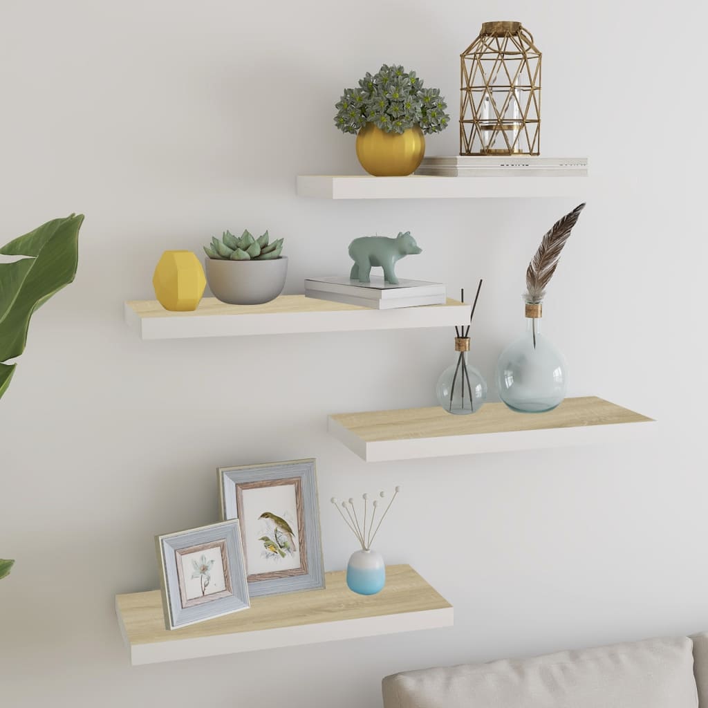 Wall shelves, 4 pcs., oak/white, 60x23.5x3.8cm, MDF