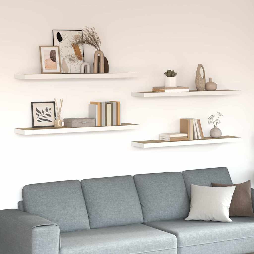 Wall shelves, 4 pcs, oak/white, 120x23.5x3.8cm, MDF