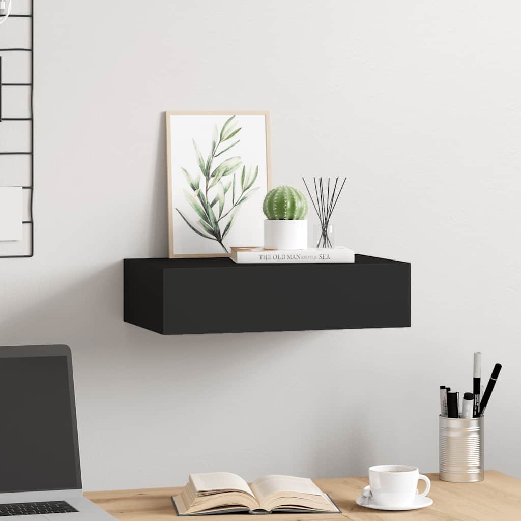 Wall shelf with drawer, black, 40x23.5x10cm, MDF