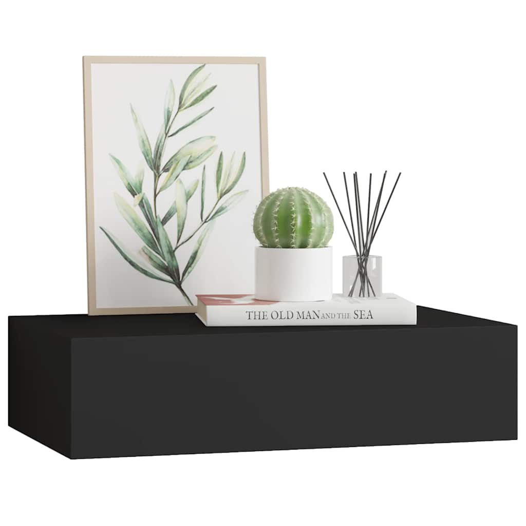 Wall shelf with drawer, black, 40x23.5x10cm, MDF