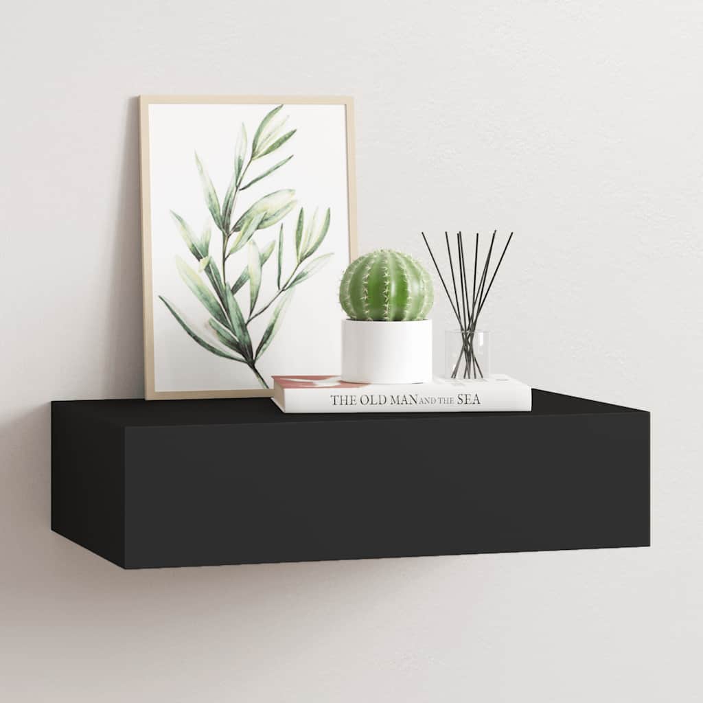 Wall shelf with drawer, black, 40x23.5x10cm, MDF