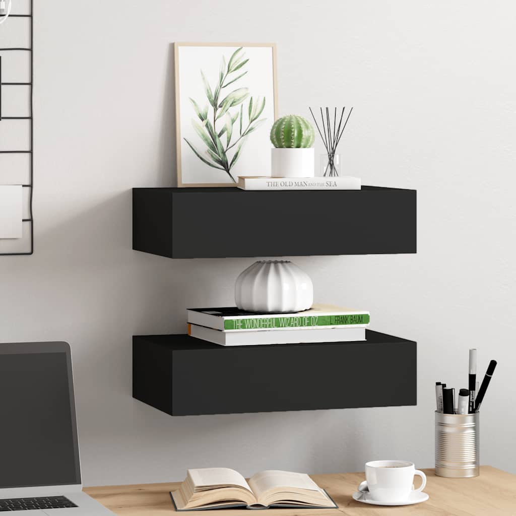 Lentynos su stalčiais, 2vnt., juodos, 40x23,5x10cm, MDF